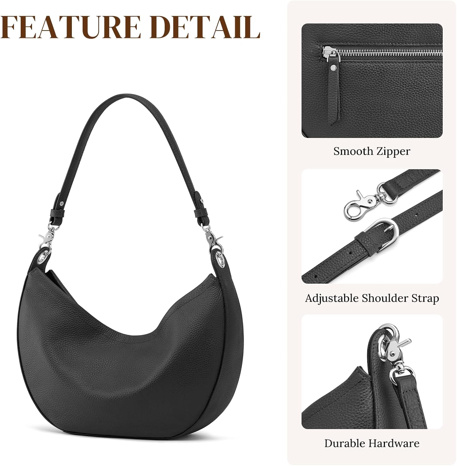 S-ZONE Leather Shoulder Bags for Women Soft Crossbody Bags Classic Crescent Purse Handbags with 2 Shoulder Straps - Image 6