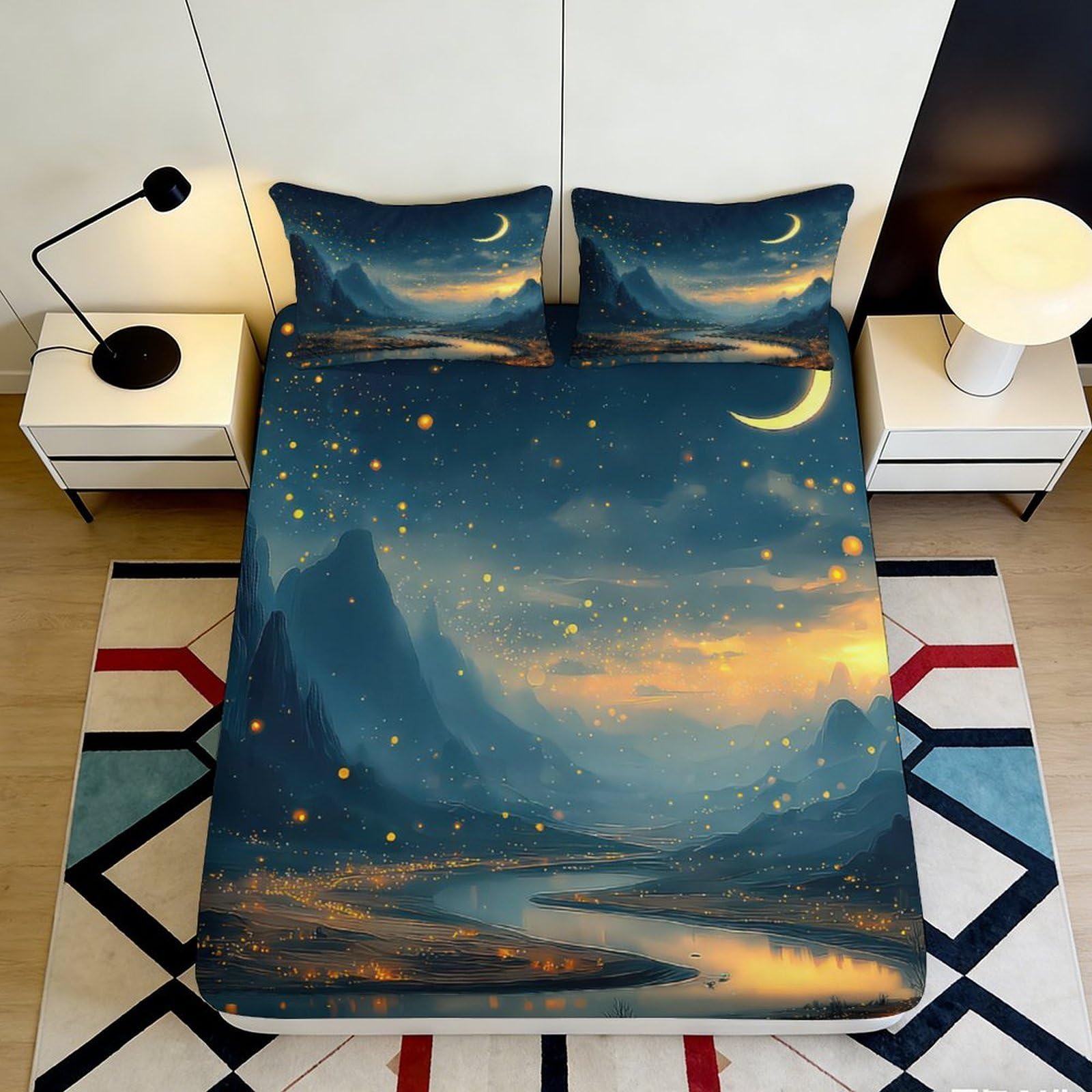 Pnayamiorkfel Style-2 3D Printed Night Landscape Fitted Sheet Microfiber Moon River Bed Cover For Bedroom Guest Room Easy Care Decor 90X200x25cm