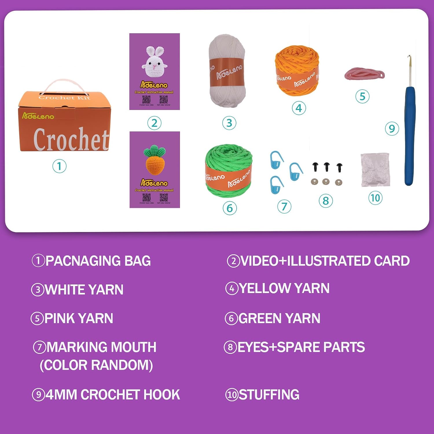 Adeleno Crochet Kit for Beginner, Crochet Starter Kit with Step-by-Step Video Tutorial,Beginner Crochet Kits for Kid Adult,Crochet Kit for Beginners, Rabbit+Carrot 2-Pack.