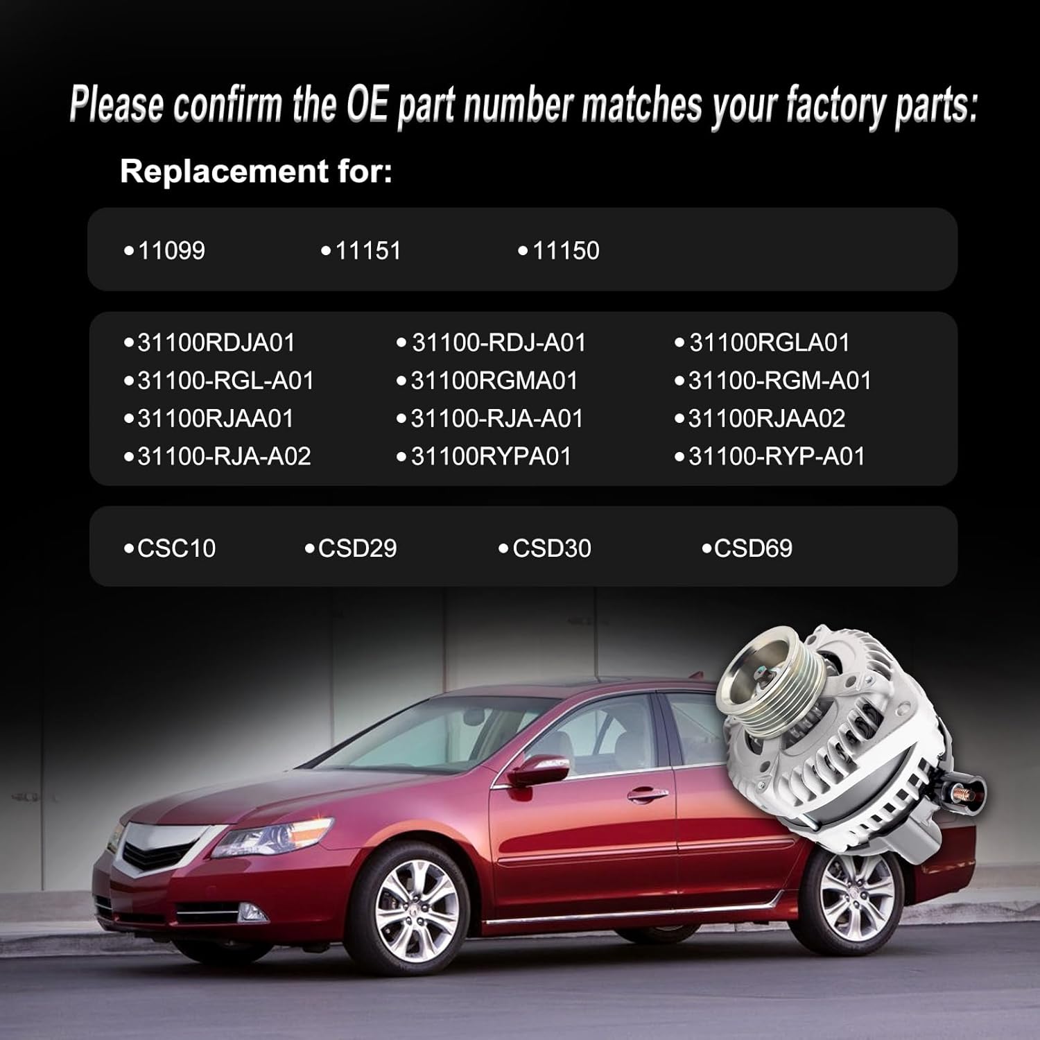 New Alternator Compatible with 2003-2009 MDX 2005-2008 RL 2004-2008 TL 2005-2007 Odyssey 2005-2008 Pilot 06-08 Ridgeline Replace for 31100-RJA-A01 31100-RGL-A01 31100-RGM-A01 CSD29