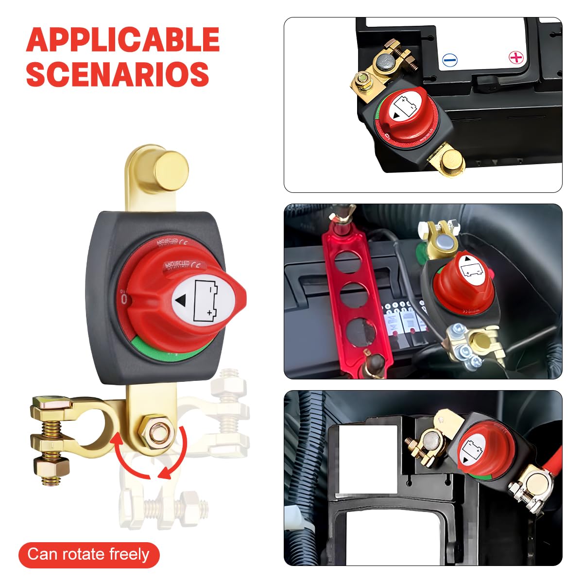 Coupe Circuit Batterie Voiture 12V/24V/48V, Réglable 180° Top Post Coupe | Commutateur de Déconnexion de Batterie, pour Voiture, Bateau, Camion, Moto