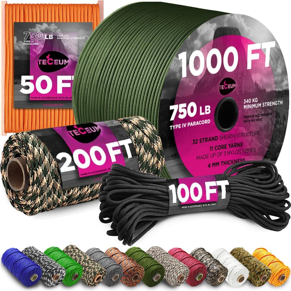 Black Paracord 550, Parachute Cord Mil-Spec 100FT, 100% Nylon Rope In Blue 100ft