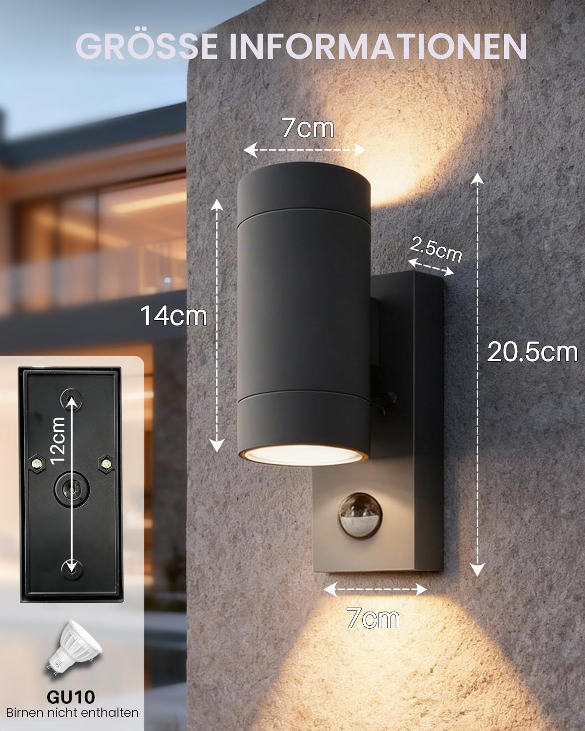 Aussenlampe mit Bewegungsmelder, Up and Down Außenlampe GU10 | IP65 Wasserdichte Wandleuchte Aussen, Aluminium Wandlampe Aussen für Wand, Haustür, Terrasse, Balkon, Anthrazit, 2 Stück