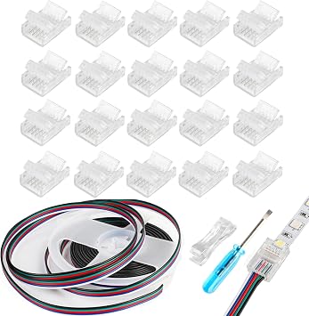 20Pcs 5Pin 12mm LED Strip Connectors Solderless with 16.4ft Extension Cable