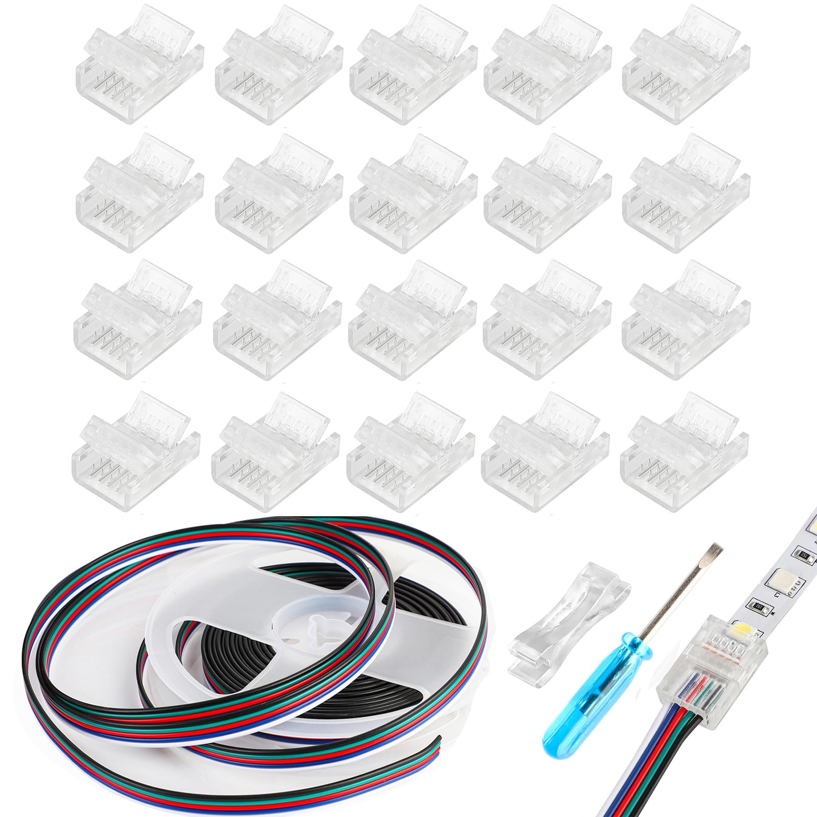 Photo 1 of HOMELYLIFE 20 Pack 5 Pin 12mm LED Strip Connectors Solderless with 16.4ft Extension Cable 5 Conductor for Waterproof or Non-Waterproof 12mm Wide RGBW RGBWW LED Strip Lights