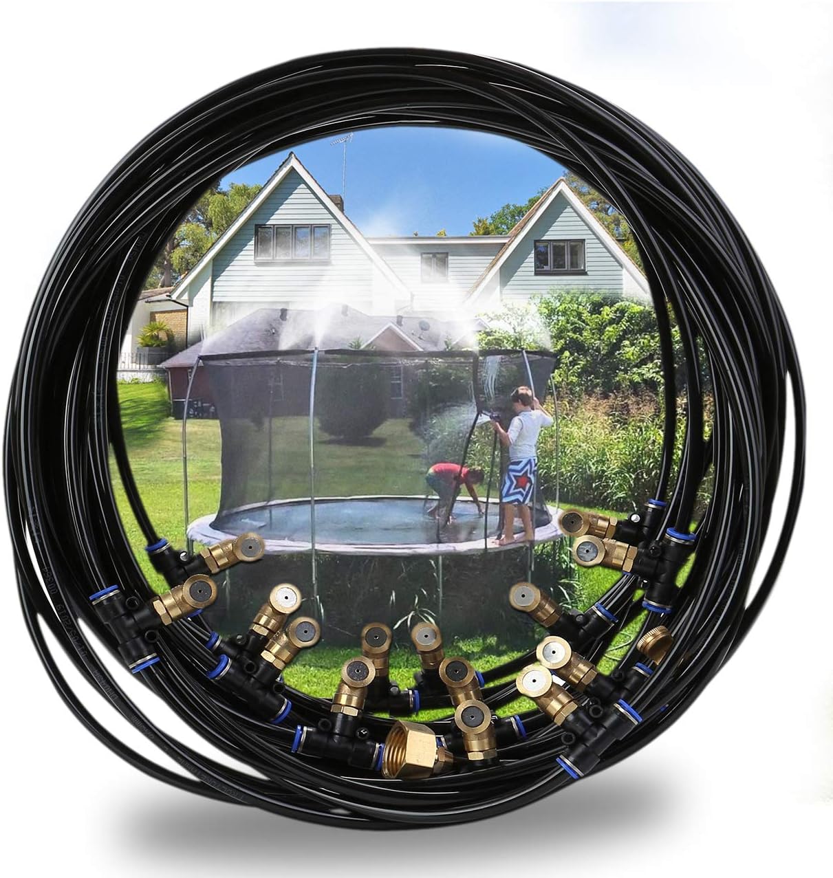 ACBungji Trampoline Misting Cooling System Easy Set 20M Misting line + 17Big Brass Mist Nozzles + 1Metal Threaded Adapter(3/4") for Watering Patio Garden Umbrellas Greenhouse Trampoline for Waterpark