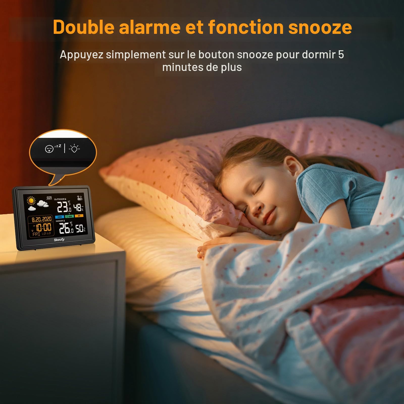 Skeufy Station météo radio avec capteur extérieur, température intérieure/extérieure, humidité, baromètre, écran couleur, prévisions