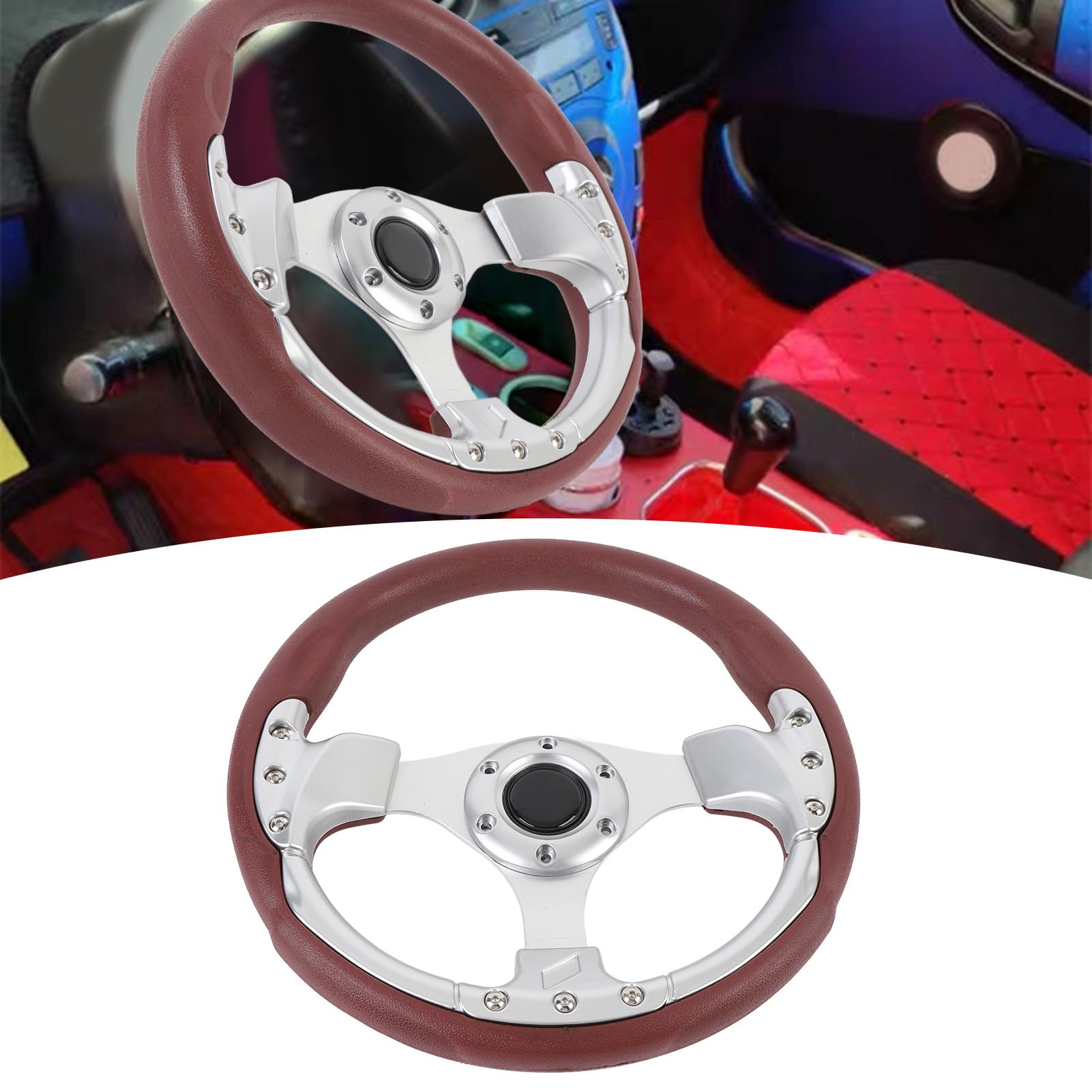 Volante 13 Pollici, Volante Stile in Pelle PU con Raggi in Alluminio, Volante Sportivo Universale per Auto a 6 Bulloni (SILVER)