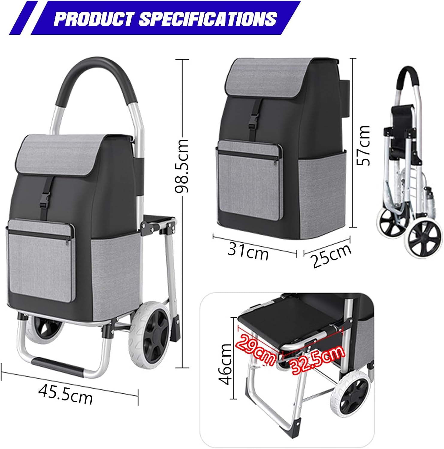 Foldable Grocery Shopping Cart with Wheels, Grocery Cart with Seat, Ergonomic Handle, Heavy-Duty Hand Truck for Groceries, Laundry Basket, Luggage, Travel(Round Wheel)
