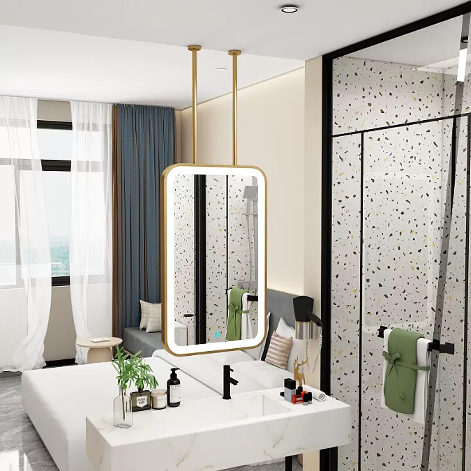 FGXHHS Rectangle with LED Light，Ceiling Mounted Metal Frame Make-up Shaving Mirrors，Floating Suspended Mirrors for Bedroom Living Room Entryway(40cmx60cm)