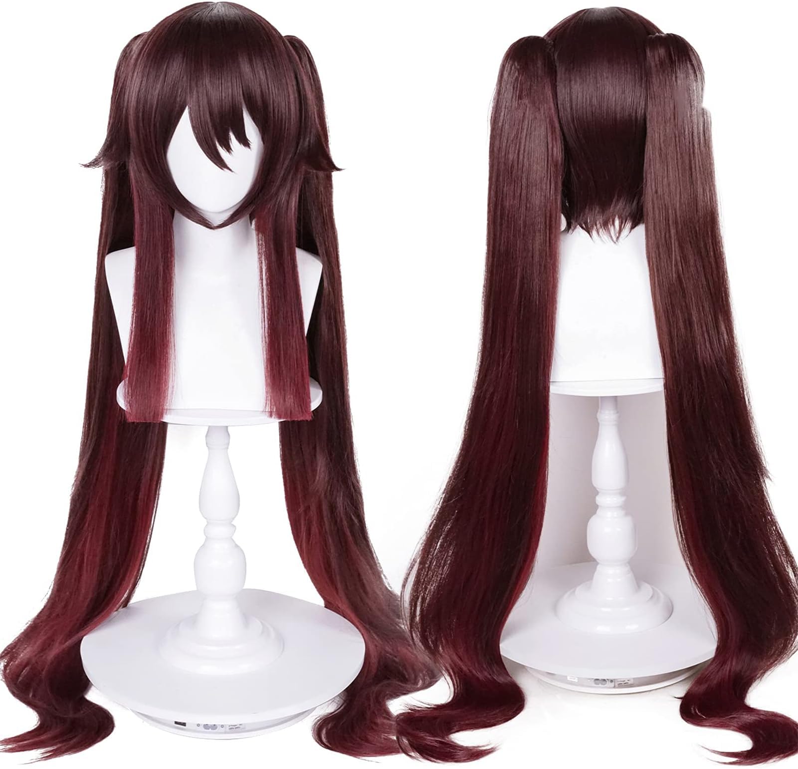 Hu Tao Cosplay Costume Wig 43'' Brown Anime HuTao Double Ponytails Pigtail Wigs with Bangs for Women Party Halloween