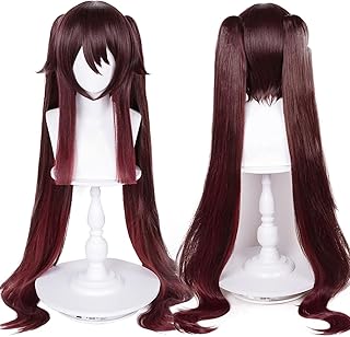 Half and Half Hu Tao Wig Long Brown Hu Tao Cosplay Wigs + Elf Ears + Hairnet, Women Girls Hutao Heat Synthetic Hair with Double Ponytails for Halloween Party Role Playing (Hutao)