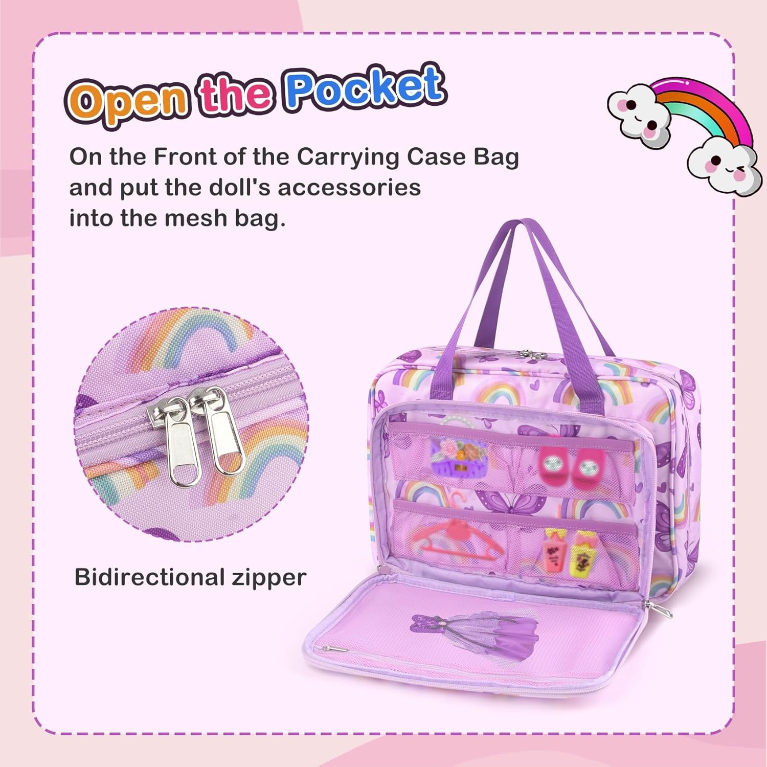 Doll Carrying Case Accessory Organizer Storage, Case to Hold Dolls and Clothes, Much Pocket for Doll’s Clothes, Accessories, Fits 6 Dolls & Accessories, Secure Straps Protect Dolls - Purple