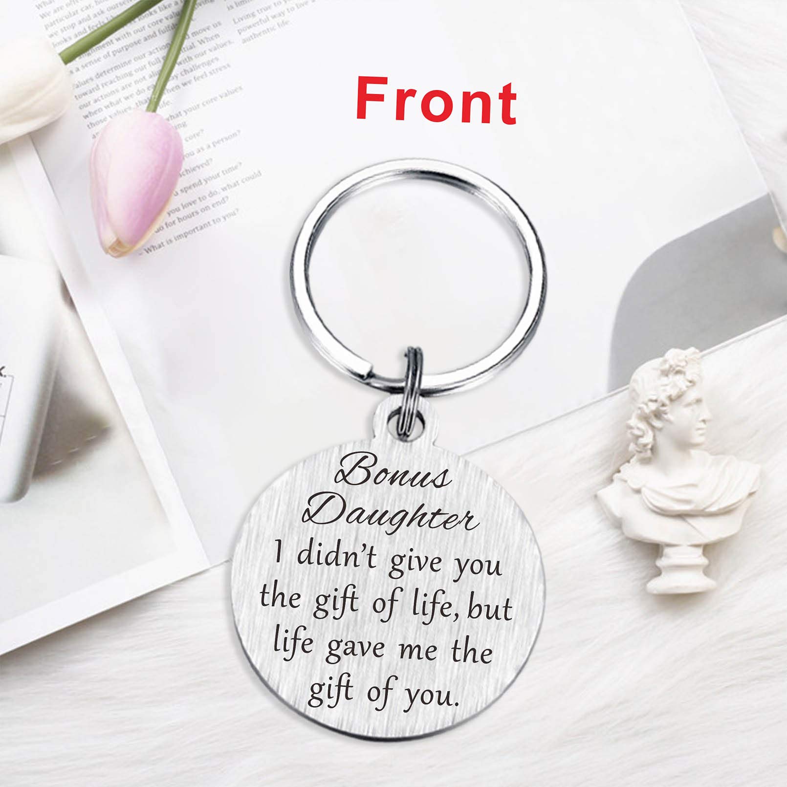 Bonus Daughter Gifts, Mothers Day Stepdaughter Keychain for Graduation Christmas Birthday, Metal Engraved