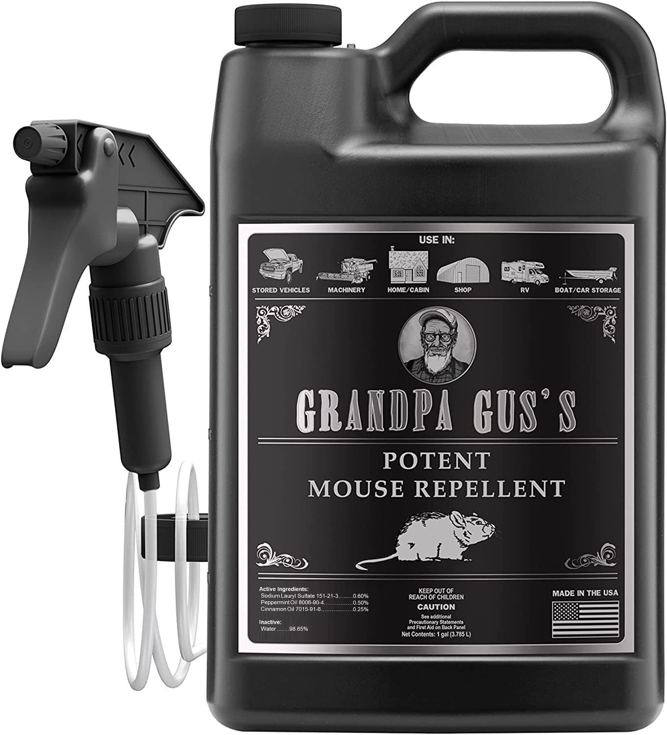 Grandpa Gus's Double-Potent Rodent Repellent Spray, Peppermint & Cinnamon Oil, Prevents Mouse/Rats from Nesting, Chewing Wiring in Home/Shop/RV, Machinery, Stored Vehicles, Boat/Car Storage, 1 Gallon