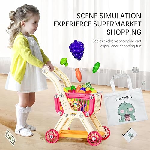 Miniatura 6 de Carrito de compras para niños con comida de simulación y accesorios, carrito de compras de juguete para niños y bebés con alimentos de juego,