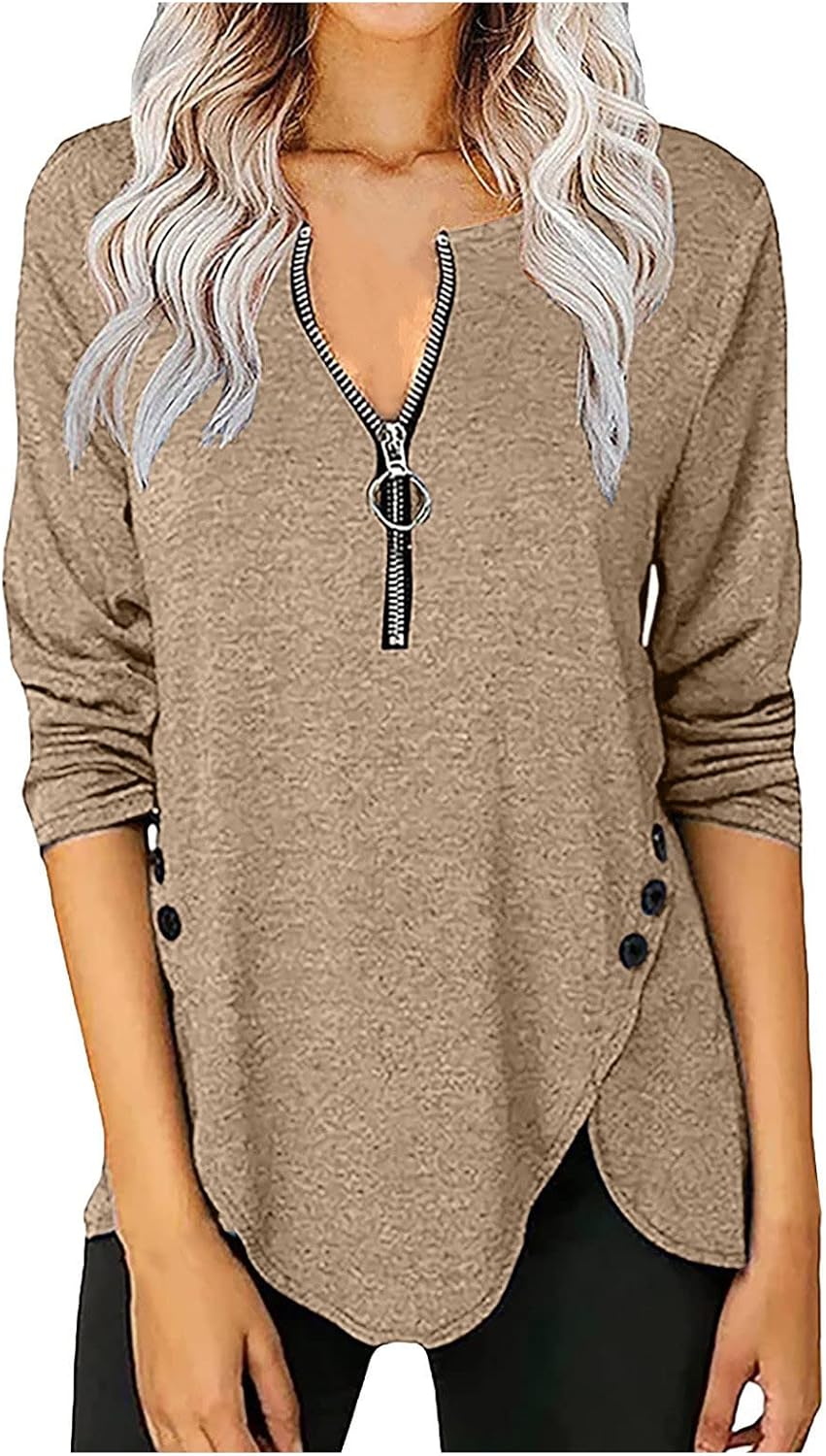 JJHAEVDY  Womens Zipper Fashion Solid Color T Shirts Long Sleeve Tunics Casual Comfy Tops : Sports & Outdoors