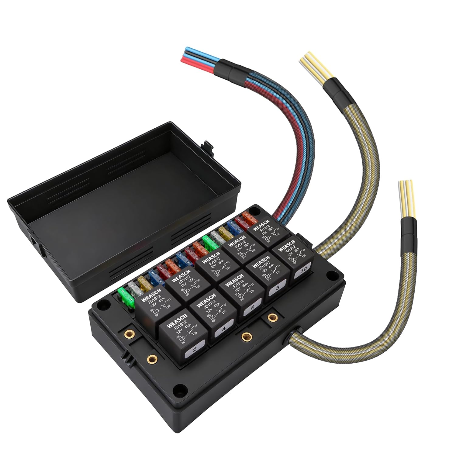 12V Automotive Fuse and Relay Box, with Pre-Wired, 10 Relays and 15 ATC/ATO Blade Fuses Panel, 4Pin Relay Block and Kit, for Cars Truck Marine Boat Jeep