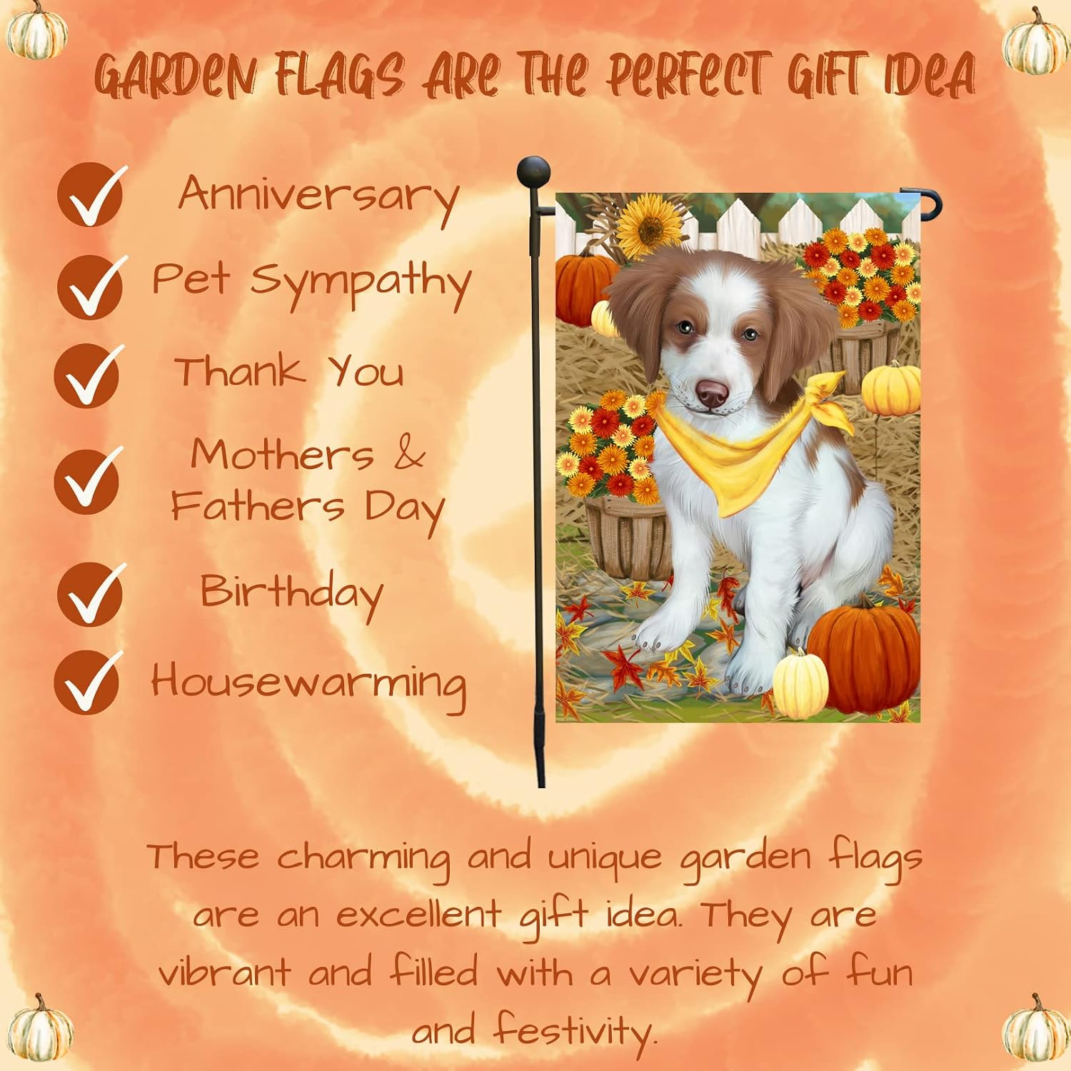 Brittany Spaniel Dog Garden Flag with Sunflowers and Pumpkins Double Sided Decorative Yard Flag Autumn Floral Outdoor Porch Patio Lawn Farmhouse Fall Party Décor Dog Lover Gift 12.5" x 18"