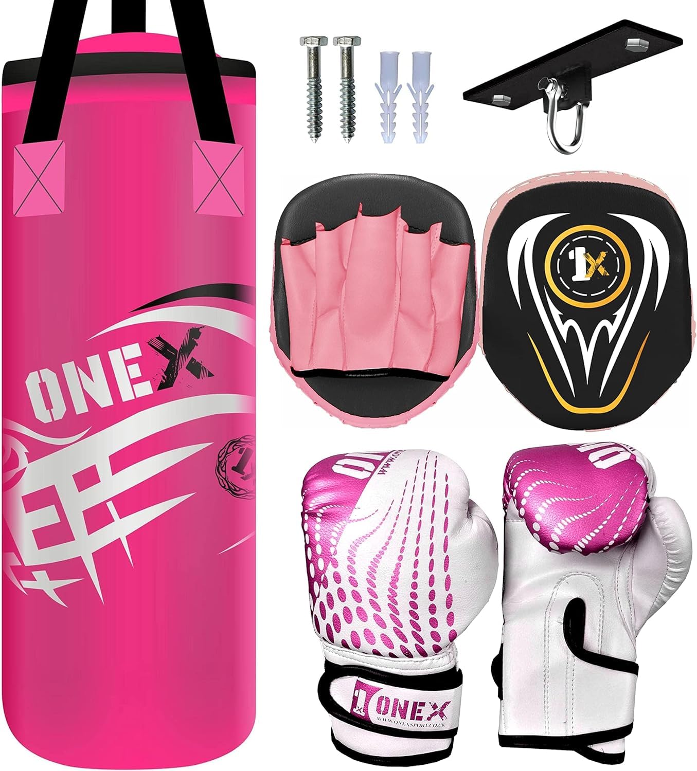 ONEX Kids *Punching bag* Gloves Skipping Rope Boxing Bag Rucksack Mount Hook Set 2ft Pink Set, Perfect for Junior/Children Workout (Pink) โ image 1