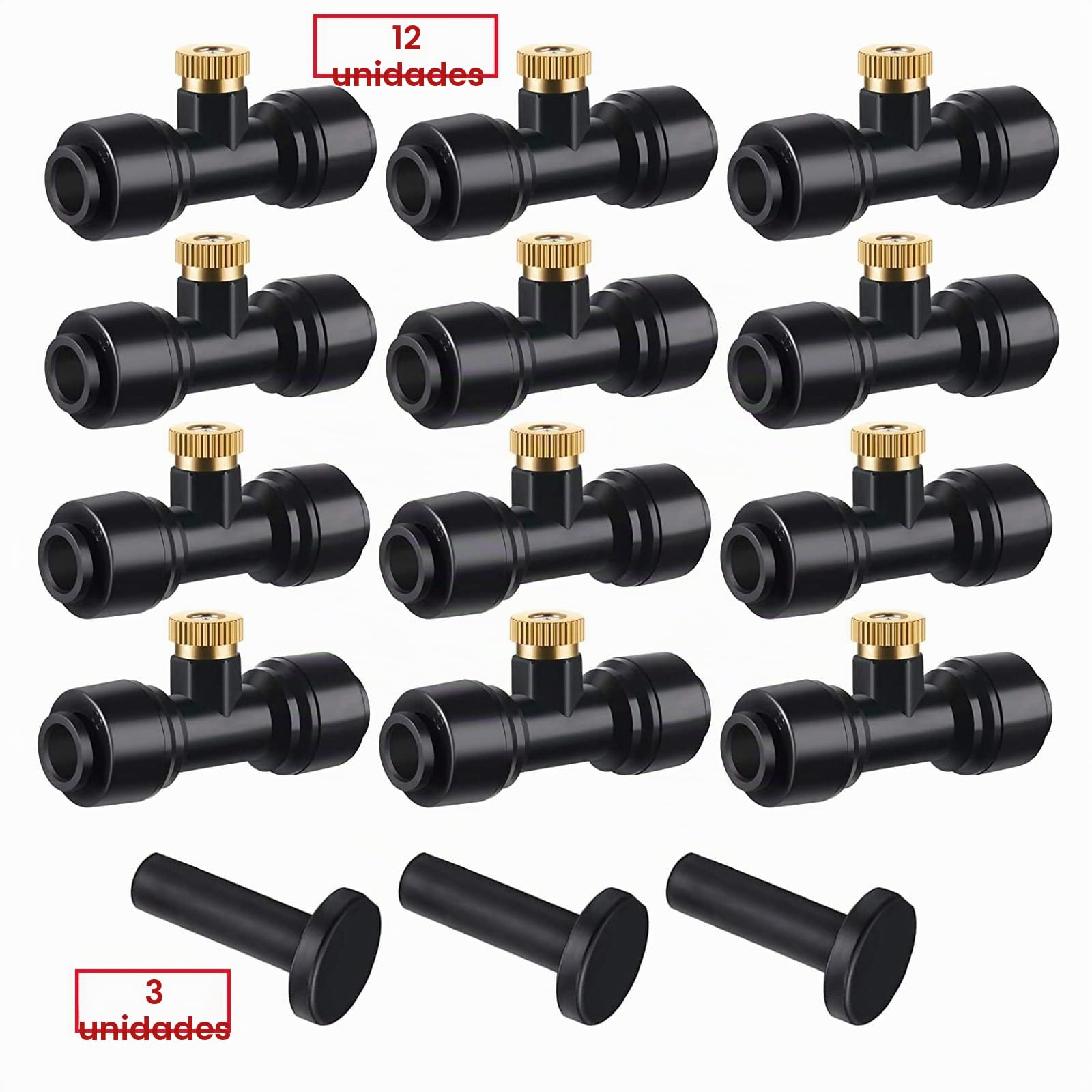Kit de Boquillas de nebulización de Iatón,12 Boquilla + 12 Asiento Nebulización Boquillas,para Patio jardín Invernadero Sistema Refrigeración al Aire Libre,Negro