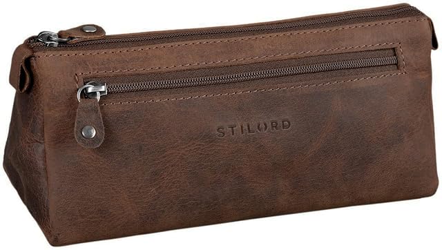 STILORD 'Alexis' Leather Pencil Pouch Vintage Pen Case Holder with Zipper for Women Men for School Office in Genuine Leather, Colour:Missouri - Brown