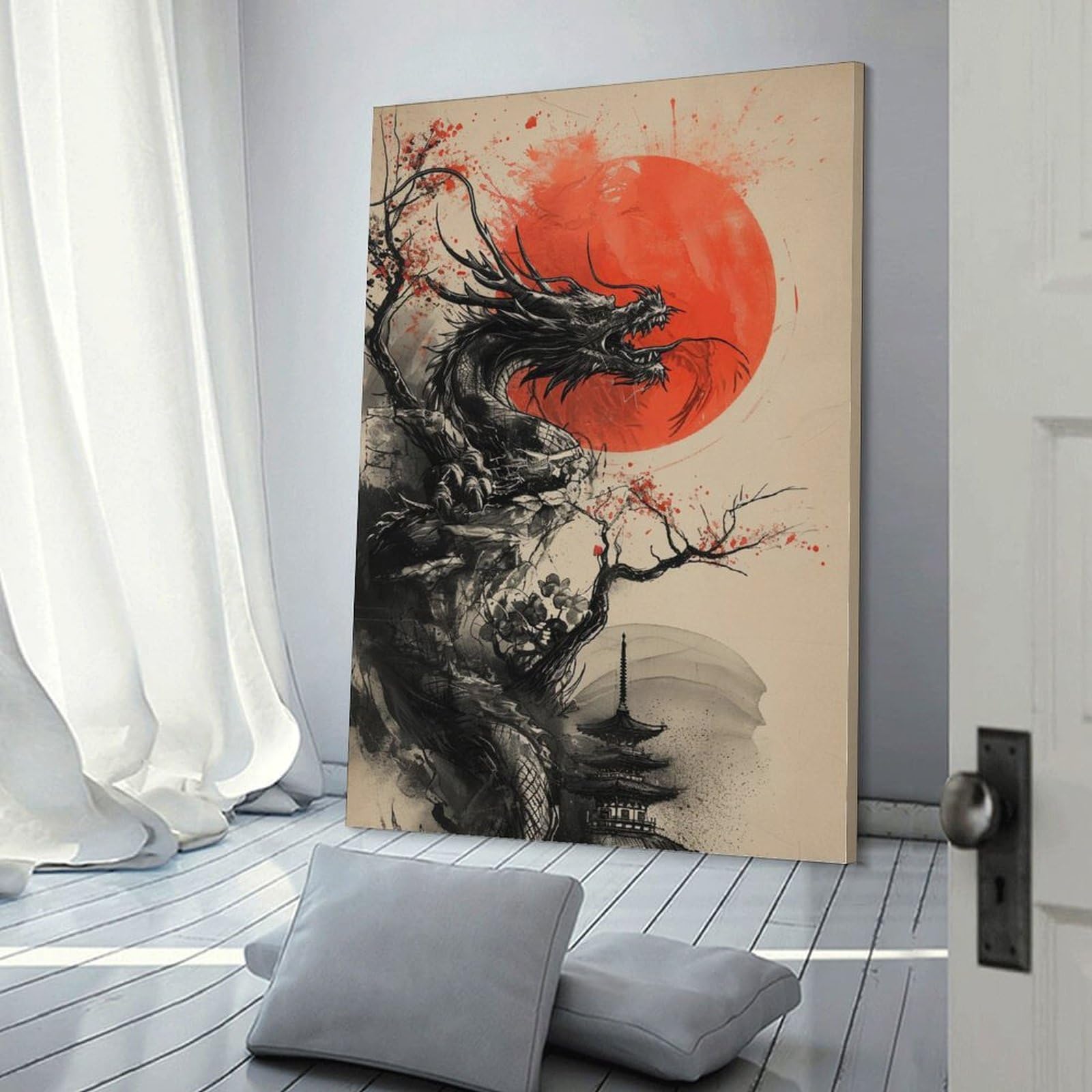 Amazon.co.jp: 絵画 ブラックドラゴンレッドサンアート水墨画