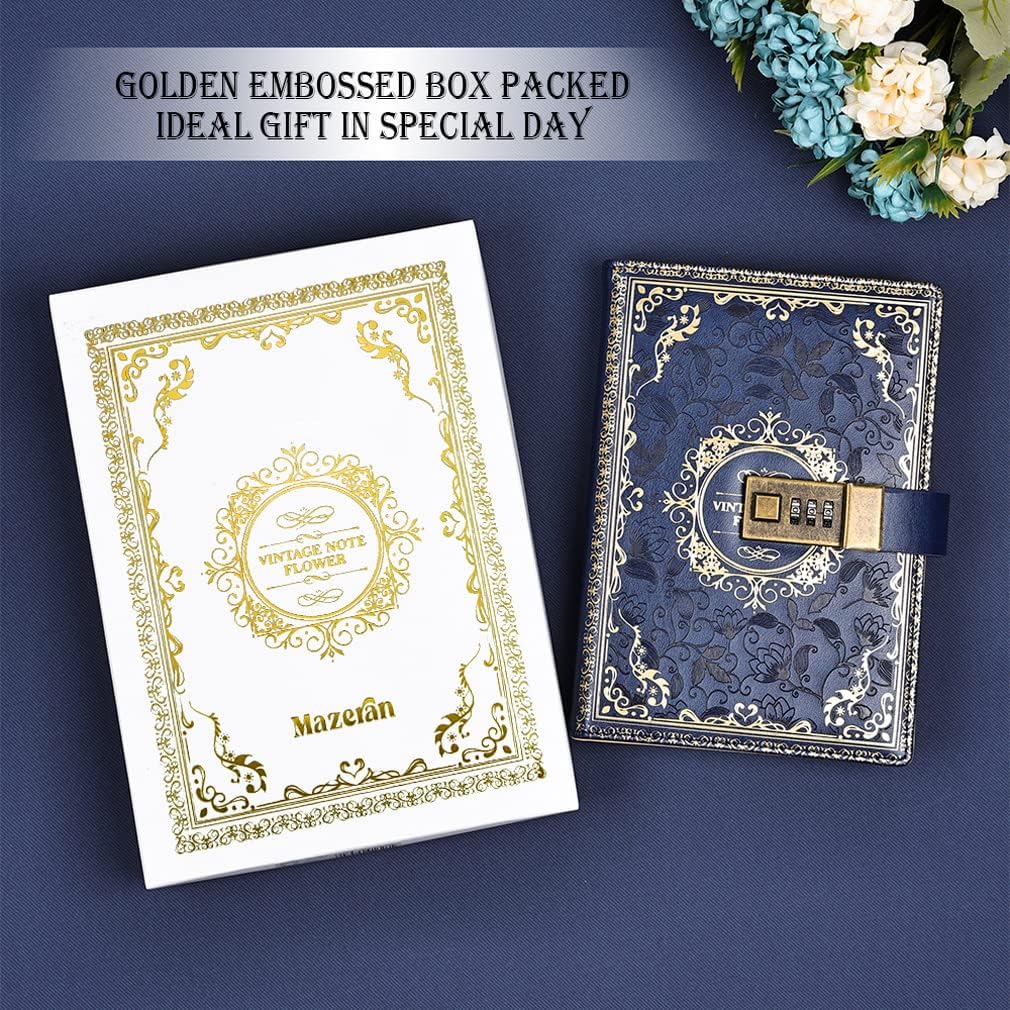 Mazeran Combination Lock Journal, Vintage Elegant Leather Hard Cover Floral Embossed Notebook Diary, 256 Pages Lined Golden Gilded Password Locking Personal Planner, Gift for Women Girls - Image 6