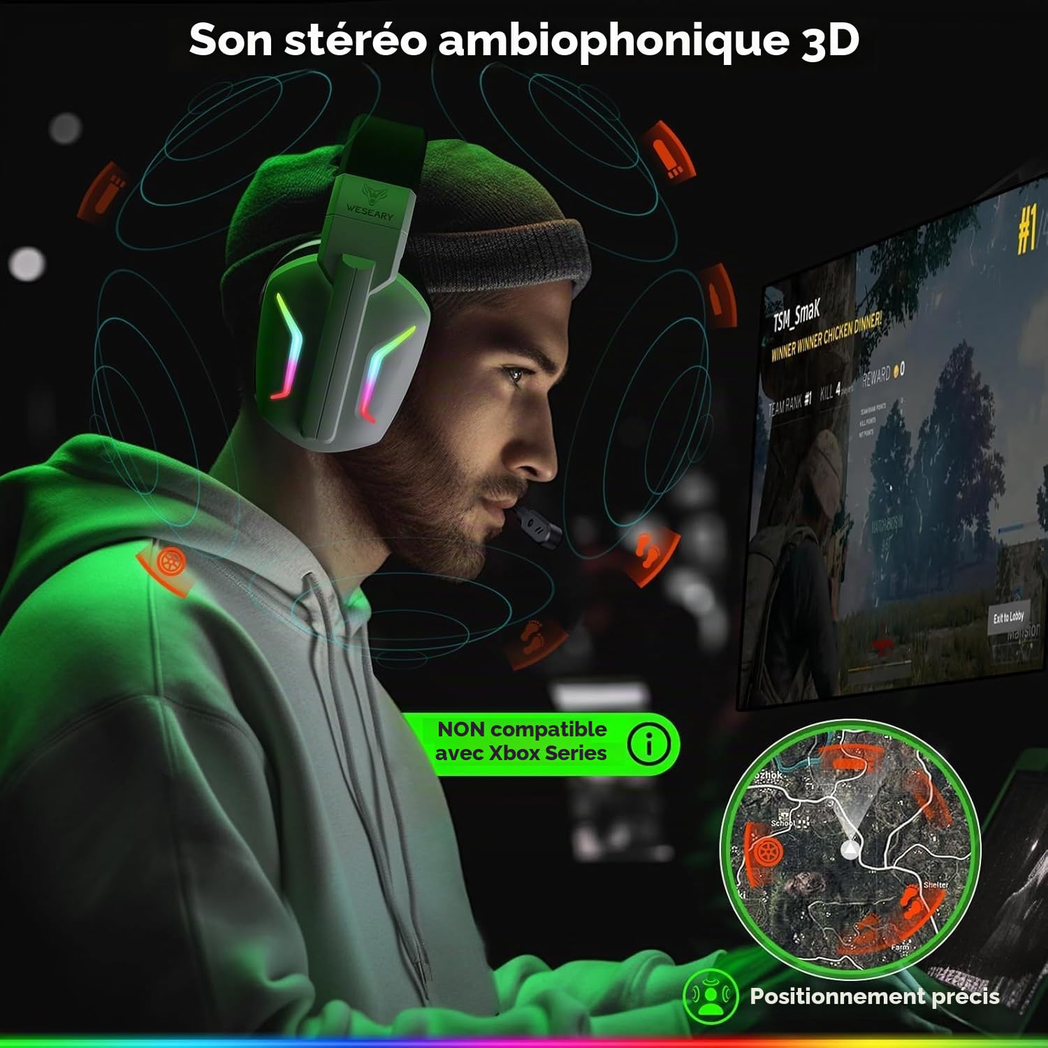 WESEARY WG1 Casque Gaming sans Fil, 2,4 GHz Casque Bluetooth sans Fil avec Micro pour PS5, PS4, PC, Switch, Mac, Mobile, Casque Gaming Pliable avec Son Stéréo et Éclairage LED, Batterie de 50h