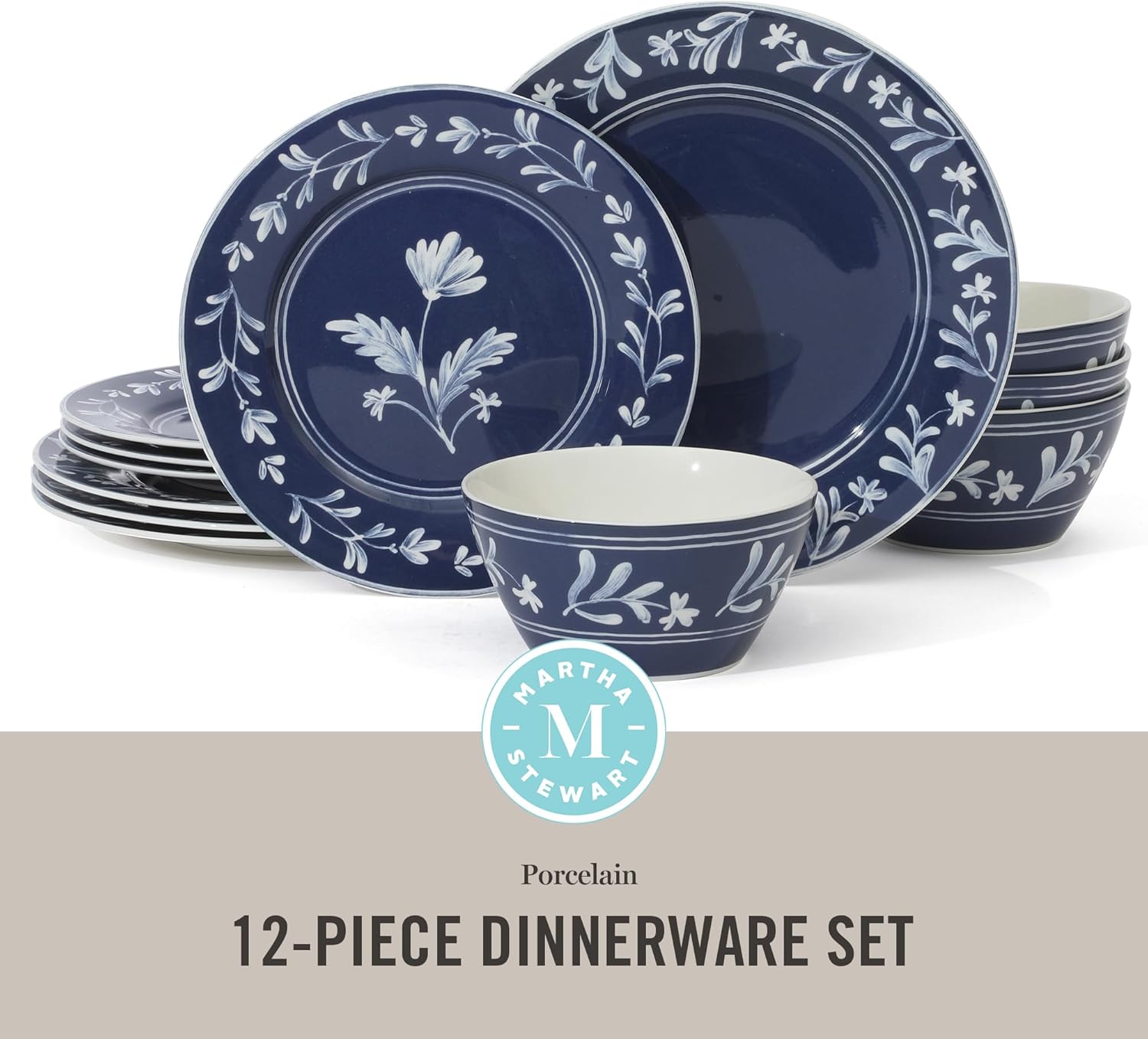 Martha Stewart Maiden Crown 12-Piece Sky Blue Dinnerware Set – New Bone China Ceramic Plates & Bowls – Floral Design – Service for 4 – Microwave & Dishwasher Safe - Image 2