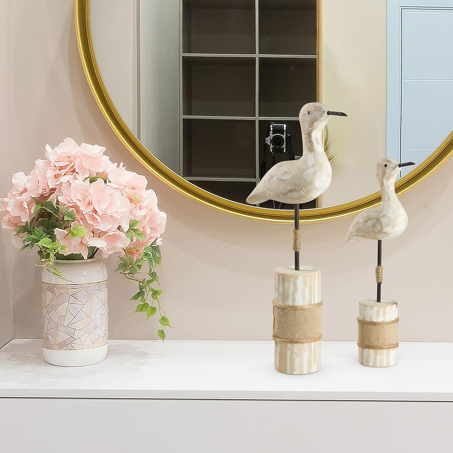 White Seagull Statues Nautical Decor, Wooden Sea Bird Statues for Coastal Beach Ocean Home Table Decoration, 2Pcs