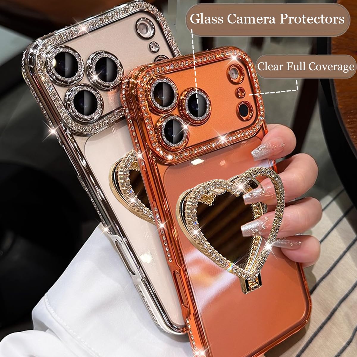 Funda con soporte de espejo brillante para iPhone 17 Pro Max, bonito diamante de imitación con corazón de amor, soporte de espejo de maquillaje y protector de cámara, funda femenina para