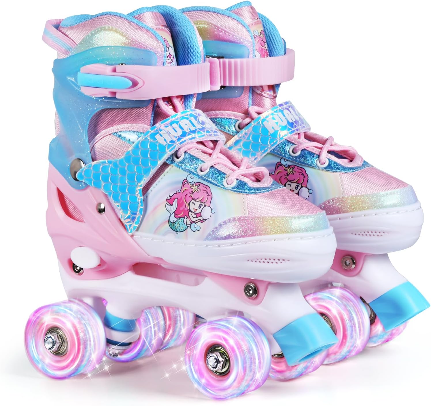 4 Size Adjustable Kids Roller Skates for Girls Boys, Beginner Toddler Skates with Light Up Wheels, Indoor Outdoor Sports for Ages 3-5 5-8 8-12 Blue & Pink Medium (1Y-4Y US)