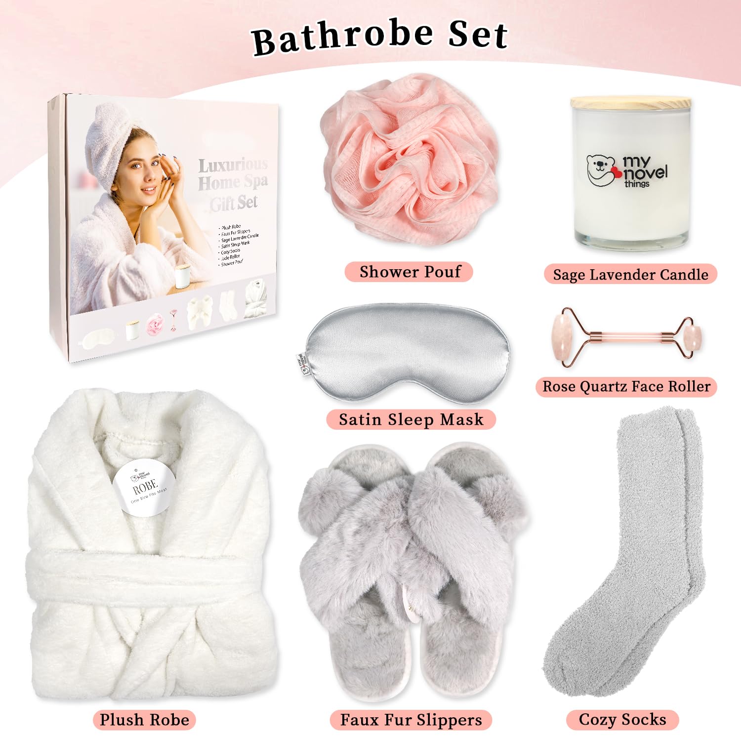 my novel things Birthday Gifts for Women,Spa Robe and Slippers Set, Bathrobe With Satin Sleep Mask, Scented Candle Self Care 7 Pack Suitable for Christmas Thanksgiven Day New Mom Gift