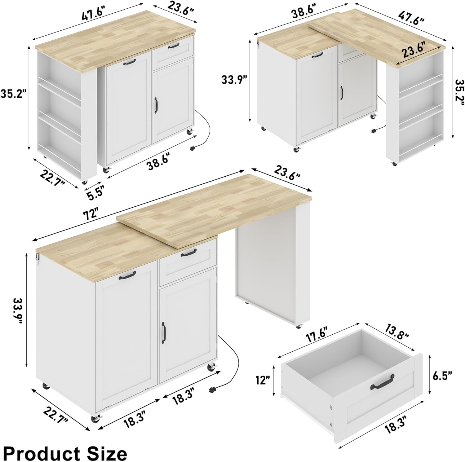 72.4” Kitchen Island with Trash Can Cabinet and Power Outlets, Rolling Kitchen Island Cart with 360°Swivel Extendable Dining Table, 6-Tier Spice Rack，Mobile Wooden Island Table for Kitchen,Dining Room