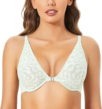 DOBREVA Womens Front Closure Lace Bra Unlined Racerback Underwire Plunge Bralette