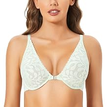 DOBREVA Womens Front Closure Lace Bra Unlined Racerback Underwire Plunge Bralette