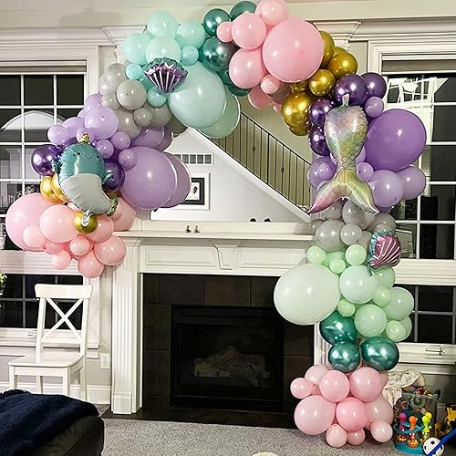 Miniatura 5 de Globos de sirena, 60 paquetes de decoraciones de fiesta de cumpleaños con temática de sirena de 12 pulgadas con globos metálicos rosados, morados y