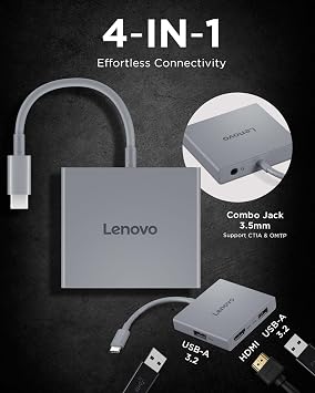 Lenovo USB-C 4 in 1 Travel Hub Block with Integrated Cable, 1x HDMI 4K @ 60Hz, 2X USB-A 3.2, 1x 3.5mm Combo, Luna Grey Portable, Compact, High-Speed Connectivity Laptops PC Gaming Console Charging