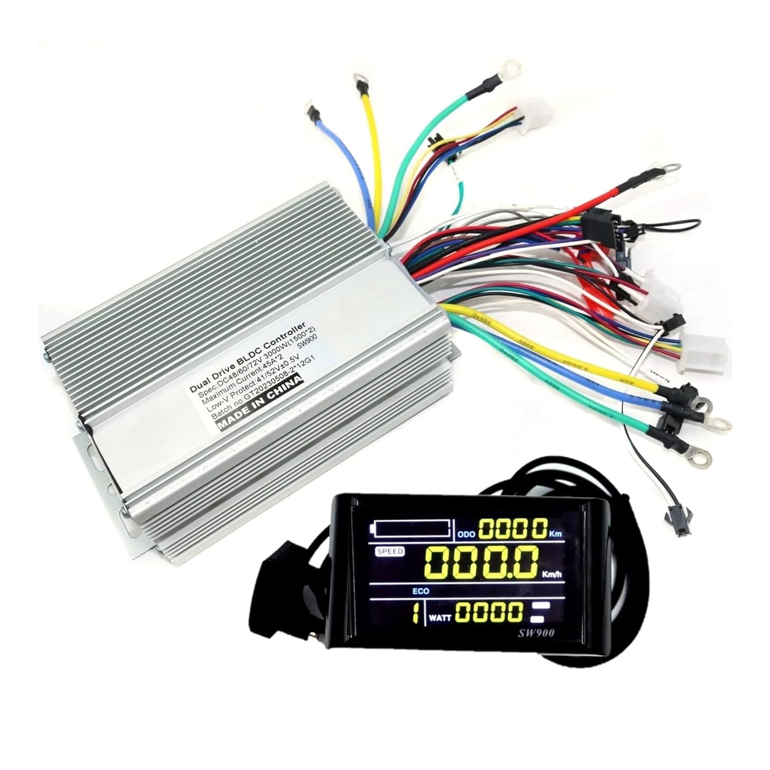 Electric Bike Controller Dual Drive 48/60/72V 3000W Sine Wave Brushless DC Motor Controller Electric Scooter E-Bike Driver and SW900 One Set(60v Set Color Screen)