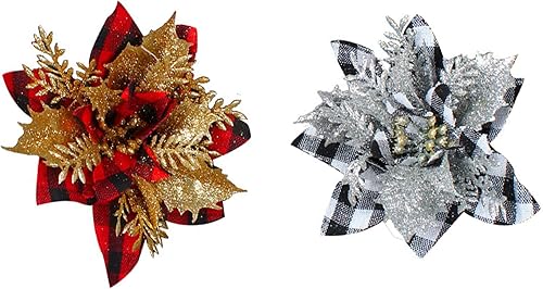 Miniatura 9 de 24 flores de Pascua de Navidad de 4.7 pulgadas con purpurina roja búfalo a cuadros de flores de nochebuena para adornos de árbol de Navidad, flores