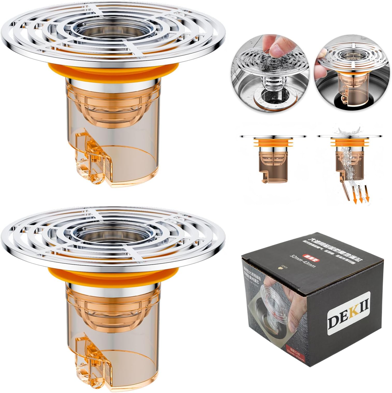 DEKII Anti-Odor Floor Drain Plugs - 2Pcs With Large Filter Basket, Abs Rustproof, Combines Hair Isolation, Anti-Clogging Reflux, Anti-Odor, Cockroach Bacteria，Suitable for Kitchen Bathroom.