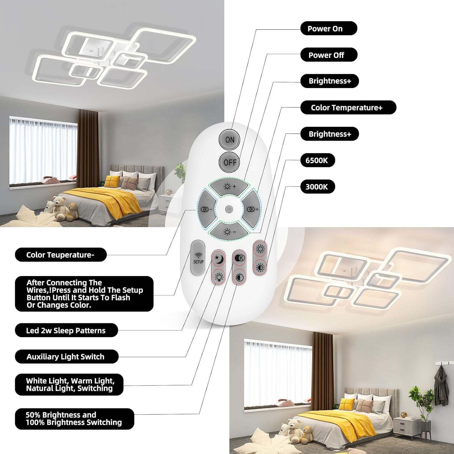 Modern Ceiling Light, White 40.2'' LED Dimmable Acrylic Square 6+1 Rings Ceiling Lights with Remote, 130W Flush Mount Ceiling Light Fixture for Bedroom Living Room Dining Room