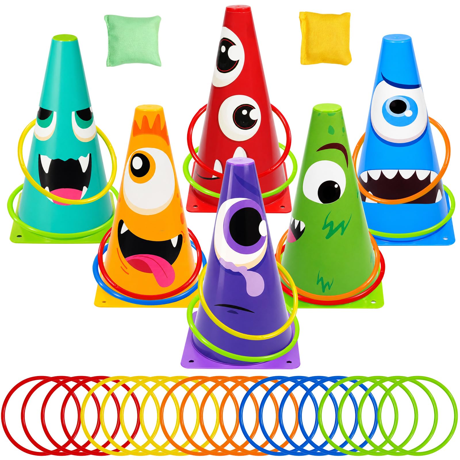 TEASIK Monster Ring Toss Game Set,Carnival Games for Kids with 6 Colorful Monster Buckets,20 Plastic Rings & 2 Bean Bags,Outdoor Monster Party Games & Decorations for Kids Birthday Party
