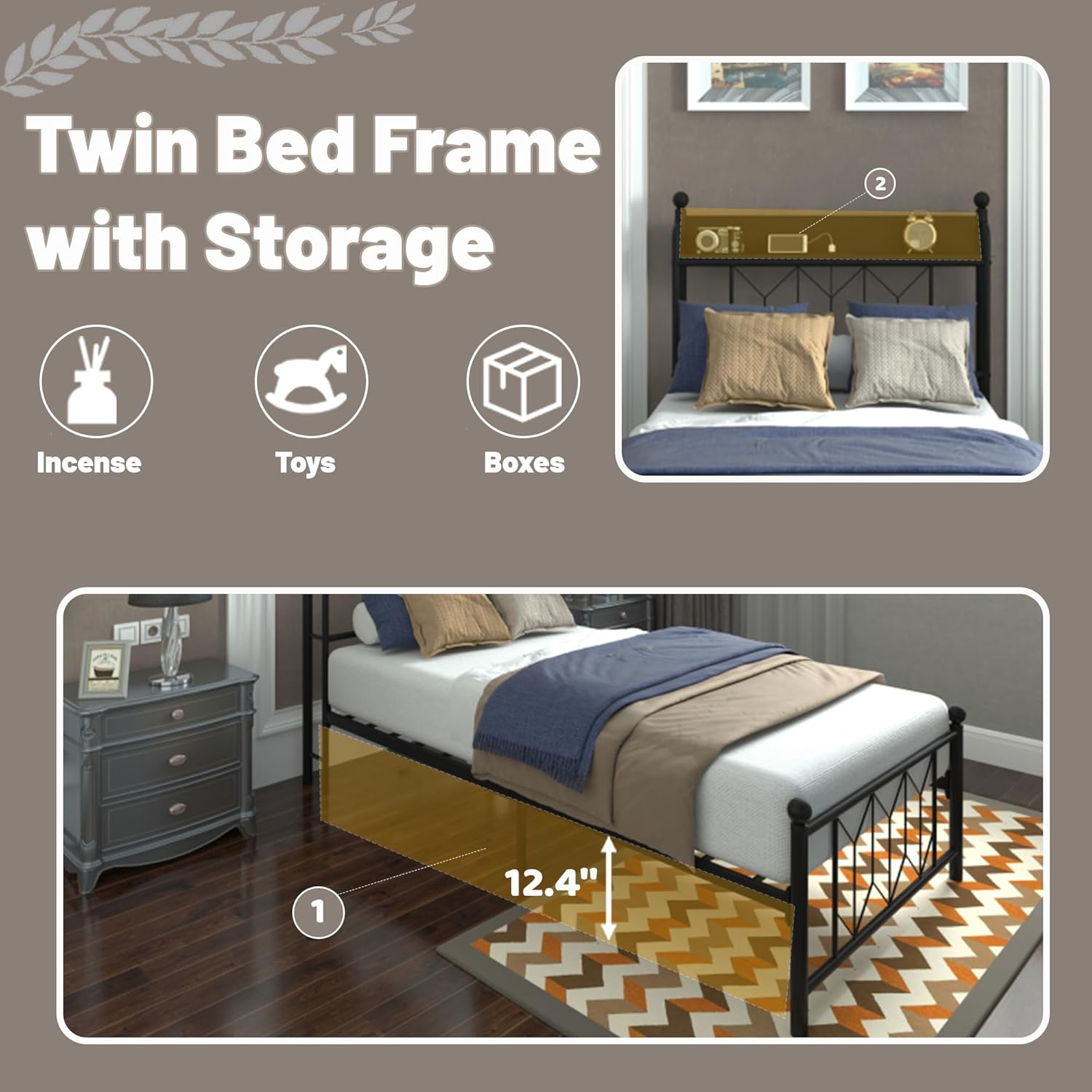 Twin Bed Frame with LED Lights & Charging Station, Metal Bed with Storage Headboard，Heavy Duty Metal Slats,No Box Spring Needed, Noise Free, Black