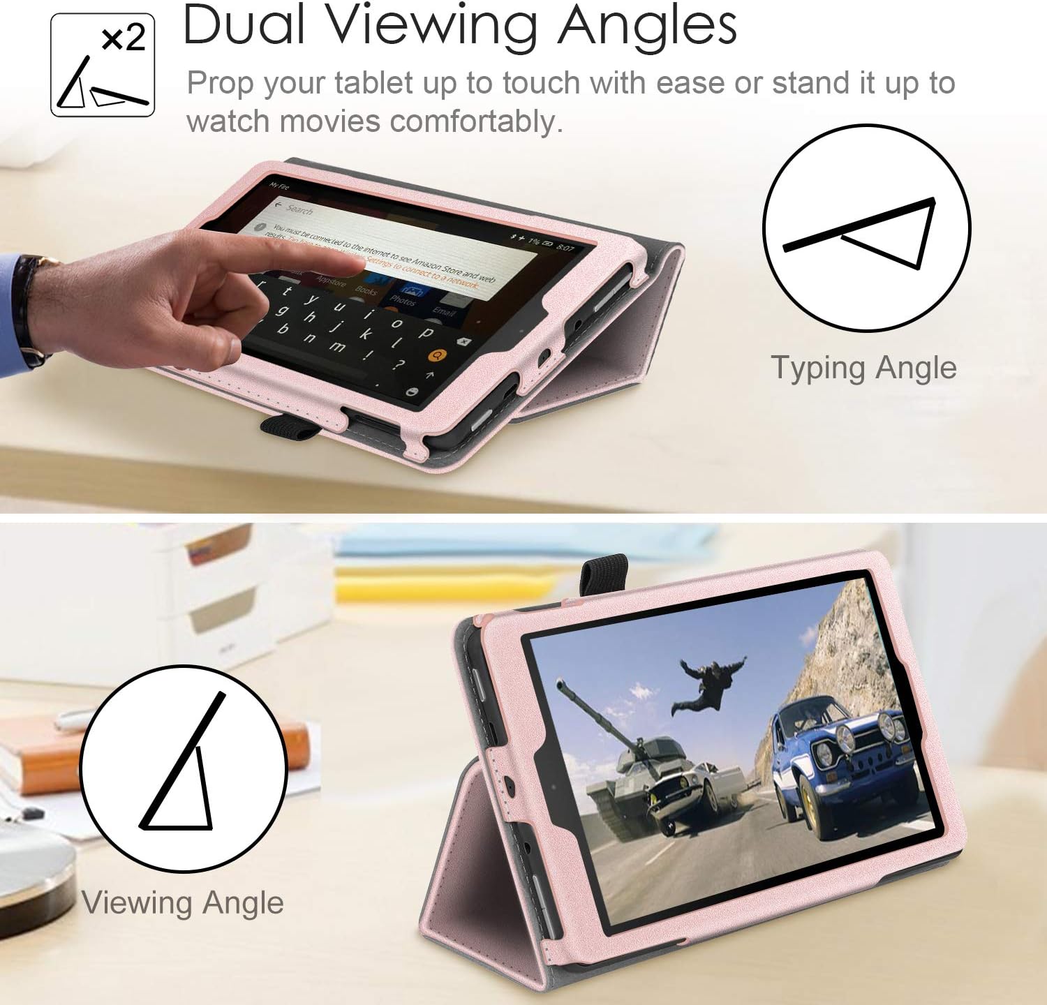 Fintie Folio Case for Amazon Fire 7 Tablet (9th Generation, 2019 Release) - Slim Fit PU Leather Standing Protective Cover with Auto Wake/Sleep, Rose Gold