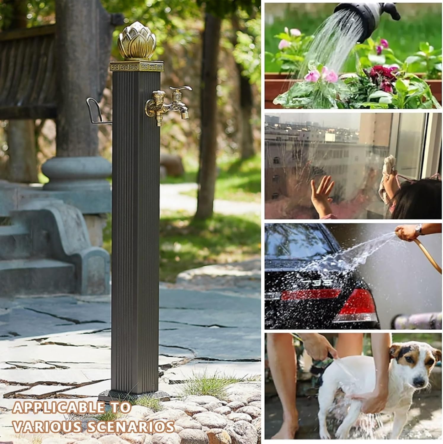 Outdoor Faucet Vertical Garden Water Column，Freestanding Floor Mounted Hydrant Water Tap with Hose Stand Decorative Water Feature Fountain Faucet Column(Height 114cm/44.9in)