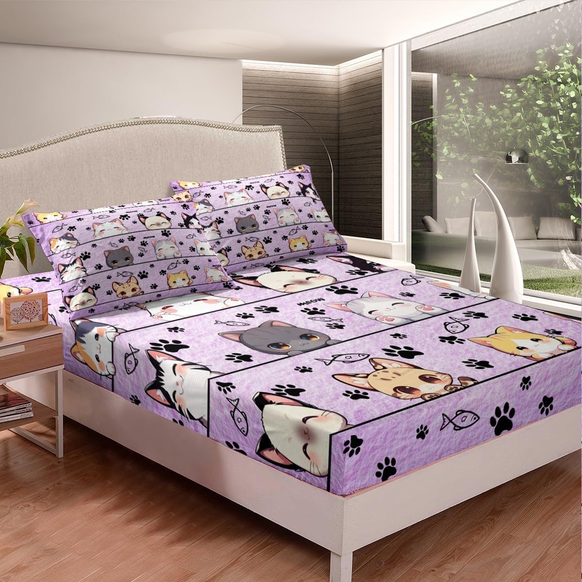 Cartoon Cat Bed Sheet Set for Kids,Kitten Kitty Pet Purple Sheets Set,Cute Animals Home Decor Sheet Sets with Deep Pocket,Top Flat Sheet,Twin Size