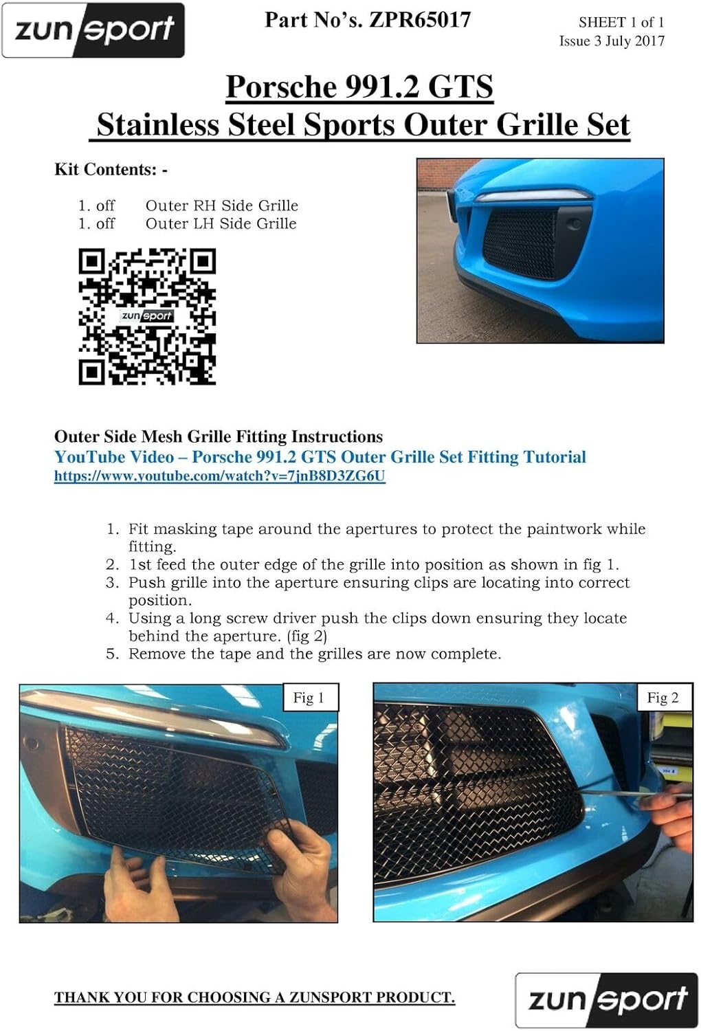 Zunsport Compatible With Porsche Carrera 991.2 GTS - Outer Grill Set - Black Finish (2017 to 2019)