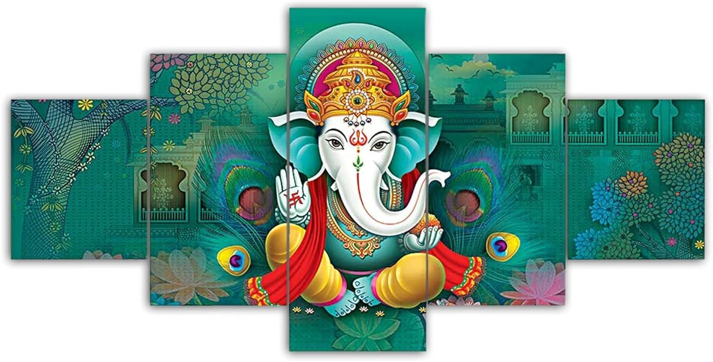 Great Art Hindu God Ganesha Wall Art Wall painting for Living Room Decorative Painting Modern Home Decor 5pcs HD Print Painting for Wall Decoration | Scenery Vastu Wall Hanging(75x43 CM)-G4